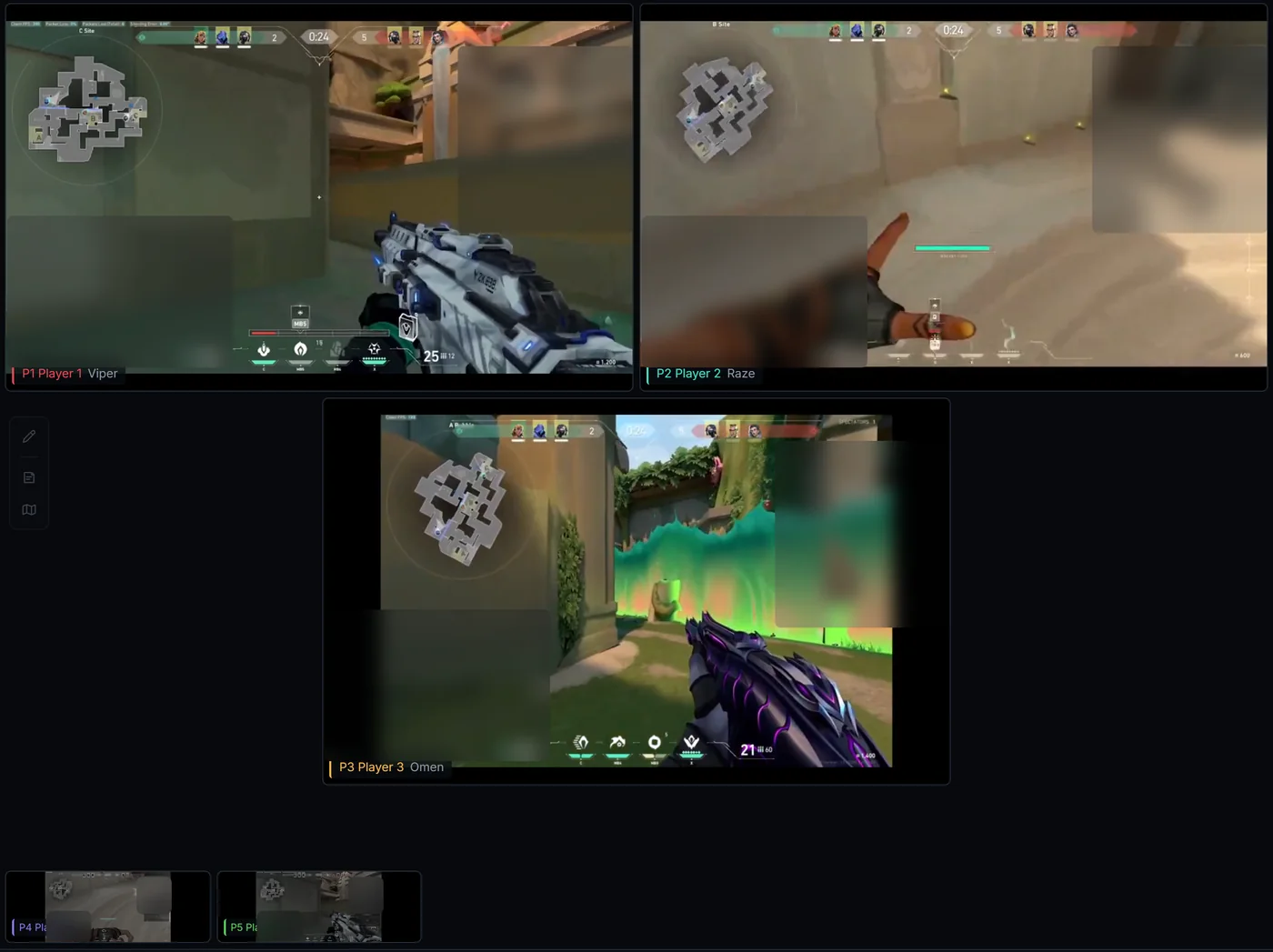 Three live POVs side by side, with the dead players' POVs shrunk to a strip below