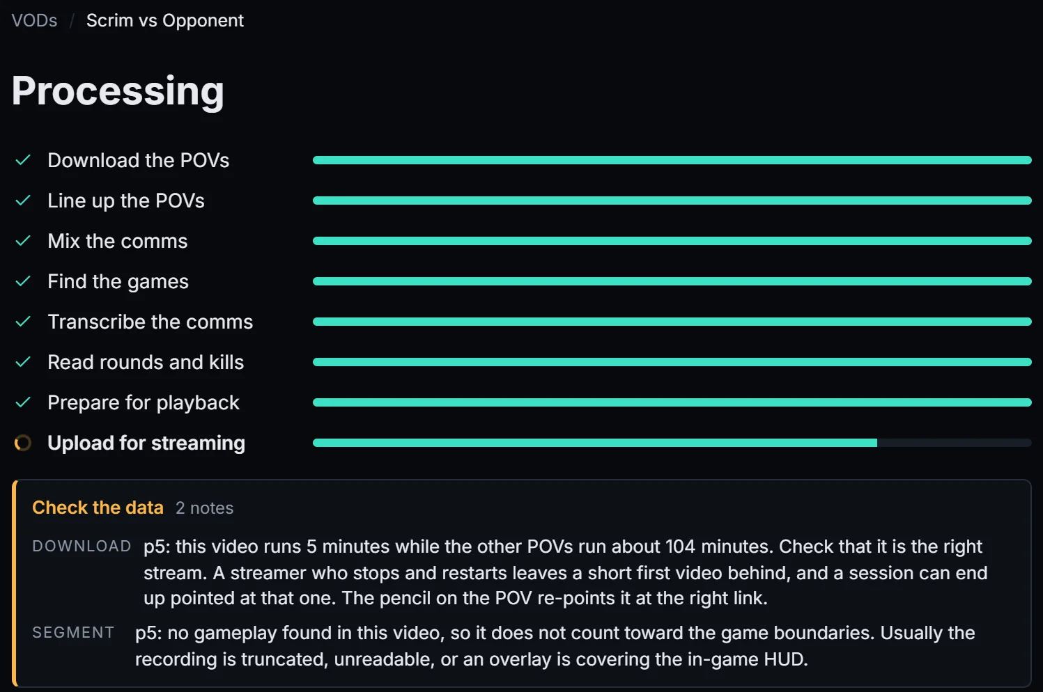 A scrim processing in ScrimView: download, line up, mix, find the games, transcribe, read rounds and kills, prepare, upload