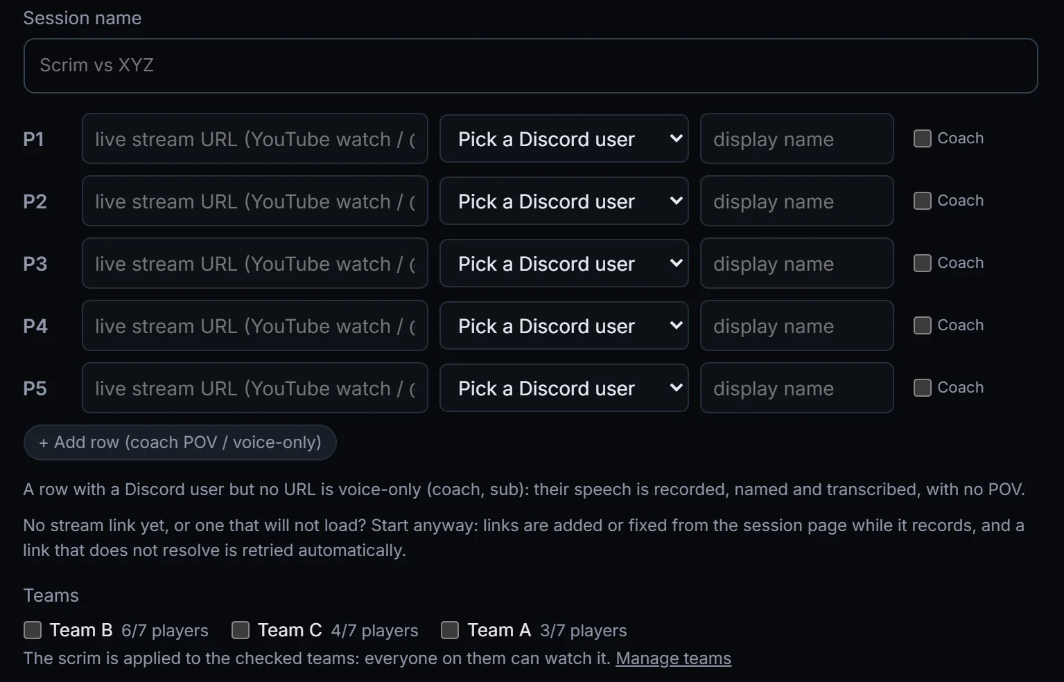 The Record a scrim page in ScrimView: a row per player with their stream link and Discord user