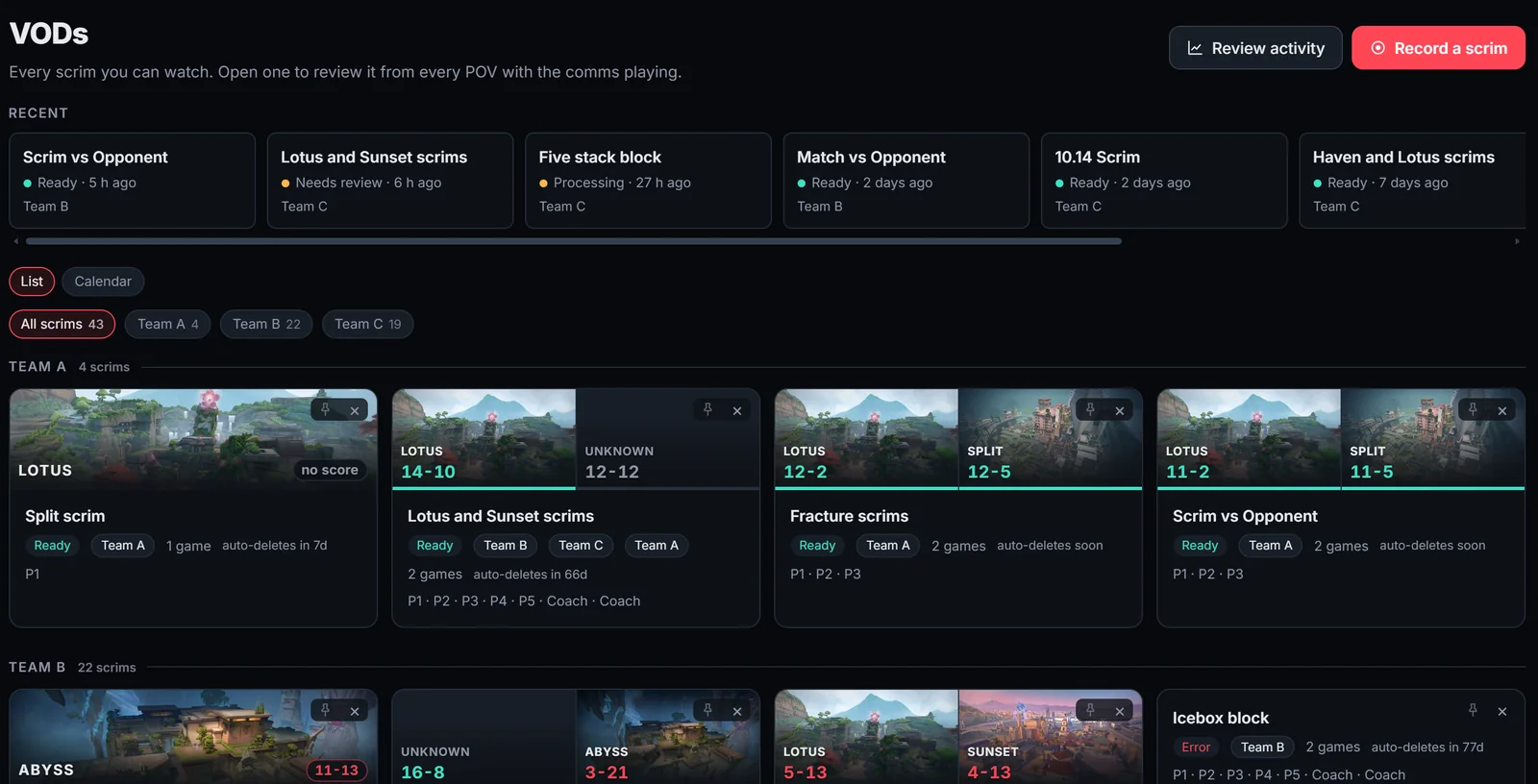 The VODs page in ScrimView: scrims grouped by team, each with the maps played and the scores